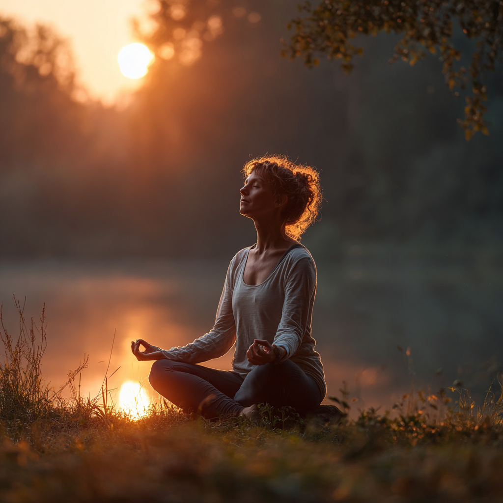 Peaceful Ukrainian woman in her 50s practicing yoga outdoors in natural setting with serene expression