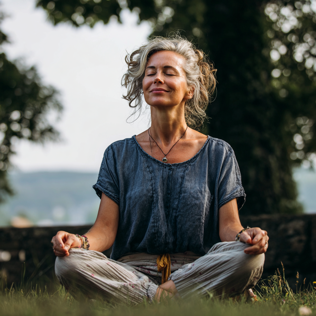 Relaxed Ukrainian couple in their 40s doing gentle evening yoga stretches in cozy indoor setting