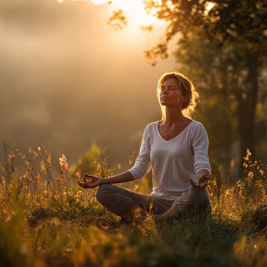 Diverse group of Ukrainian adults of various ages sitting in meditation circle, peaceful expressions, natural lighting